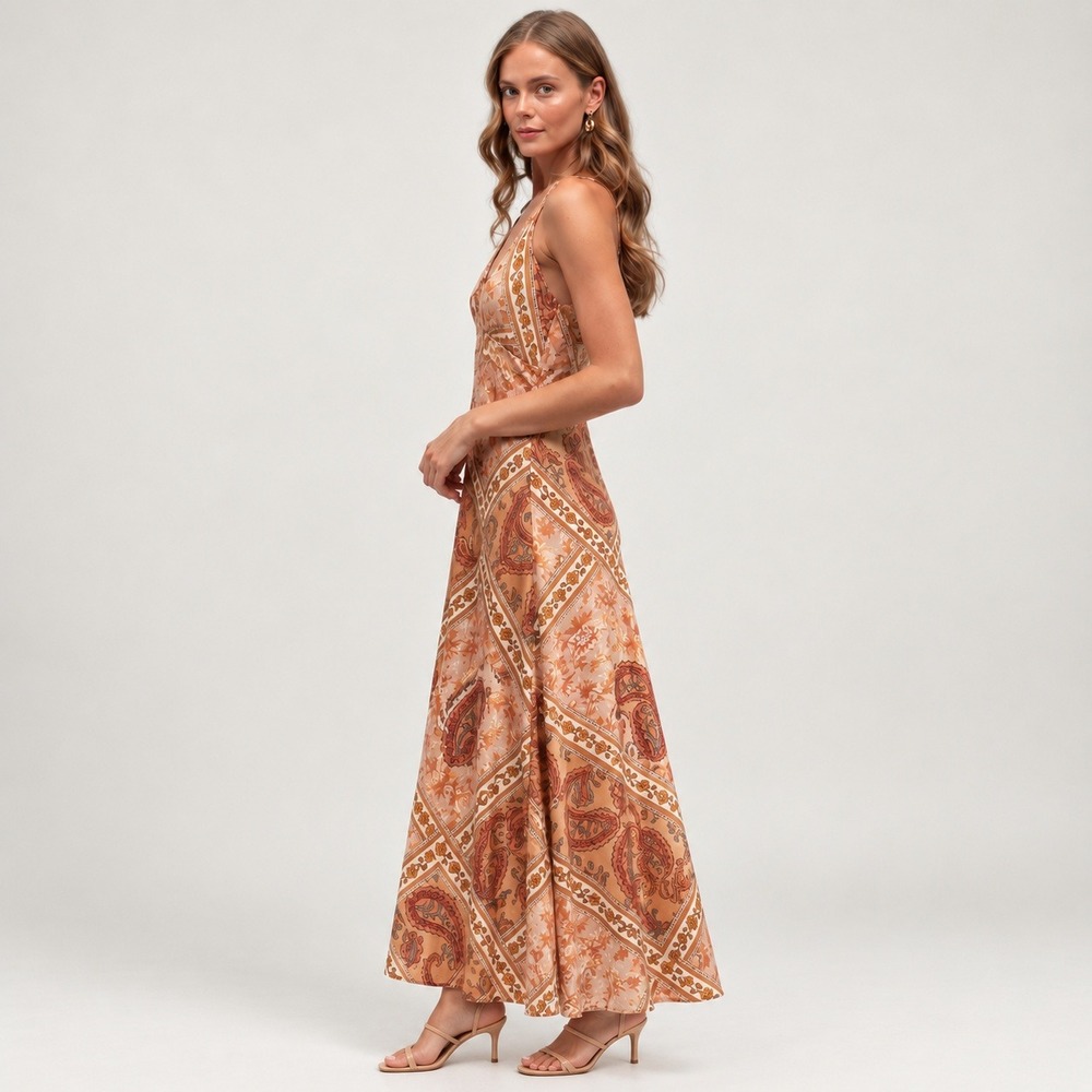 Boho Paisley Maxi Dress in Rust Cream - Womens